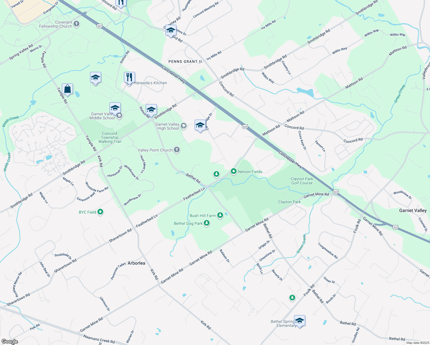 map of restaurants, bars, coffee shops, grocery stores, and more near 527 Featherbed Lane in Glen Mills