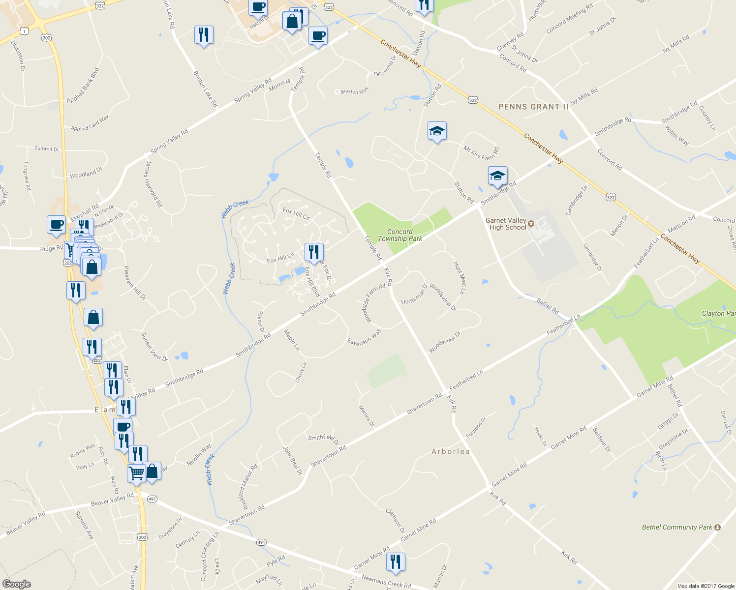 map of restaurants, bars, coffee shops, grocery stores, and more near 11 Woodside Farm Road in Garnet Valley