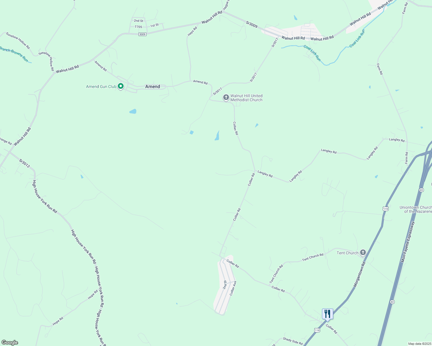 map of restaurants, bars, coffee shops, grocery stores, and more near 265 Collier Rd in Uniontown