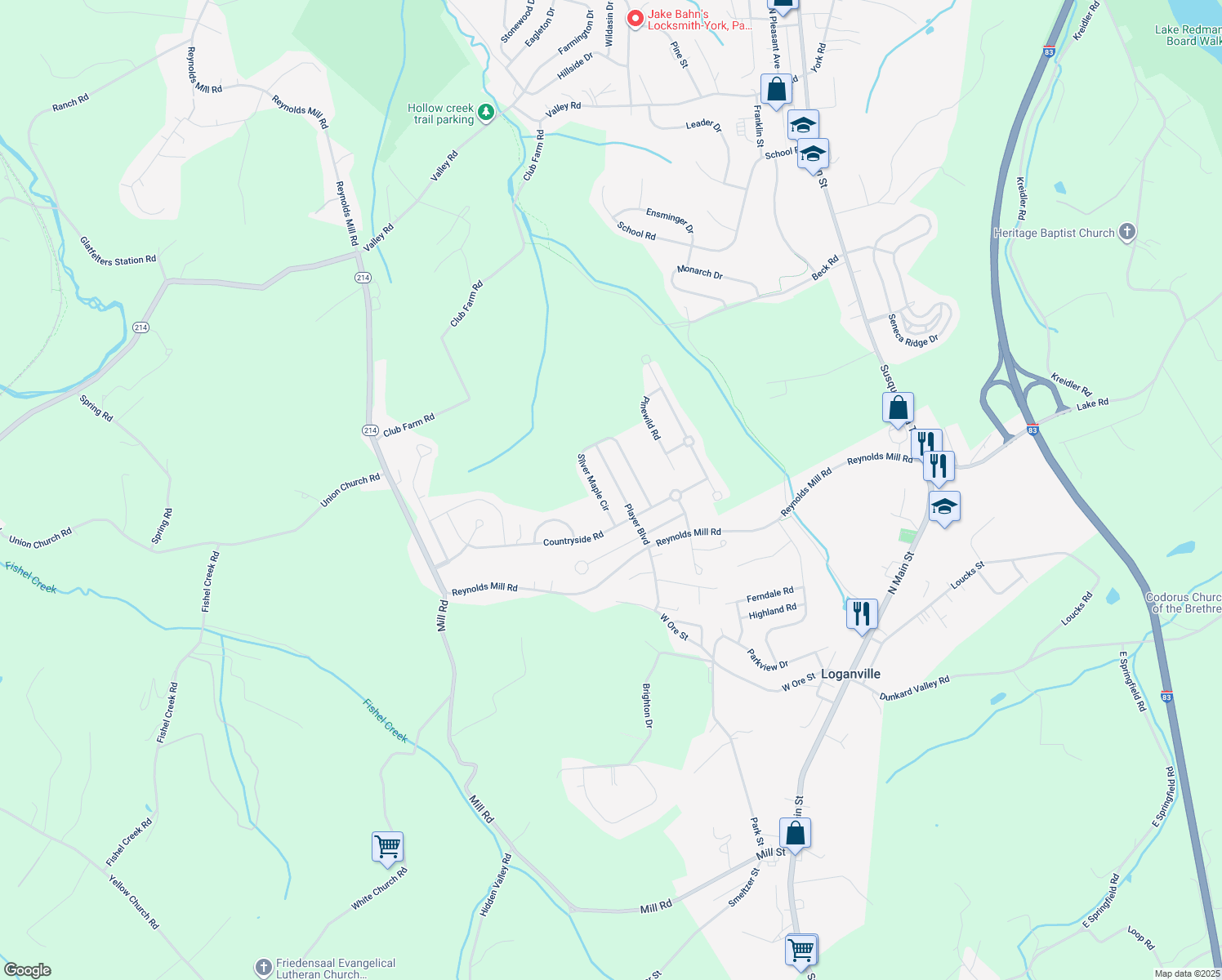 map of restaurants, bars, coffee shops, grocery stores, and more near 1059 Silver Maple Circle in Seven Valleys