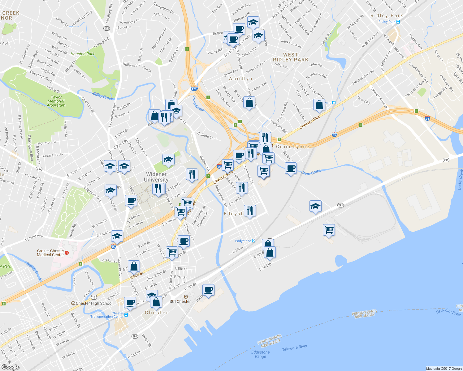 map of restaurants, bars, coffee shops, grocery stores, and more near 1228 Saville Avenue in Eddystone