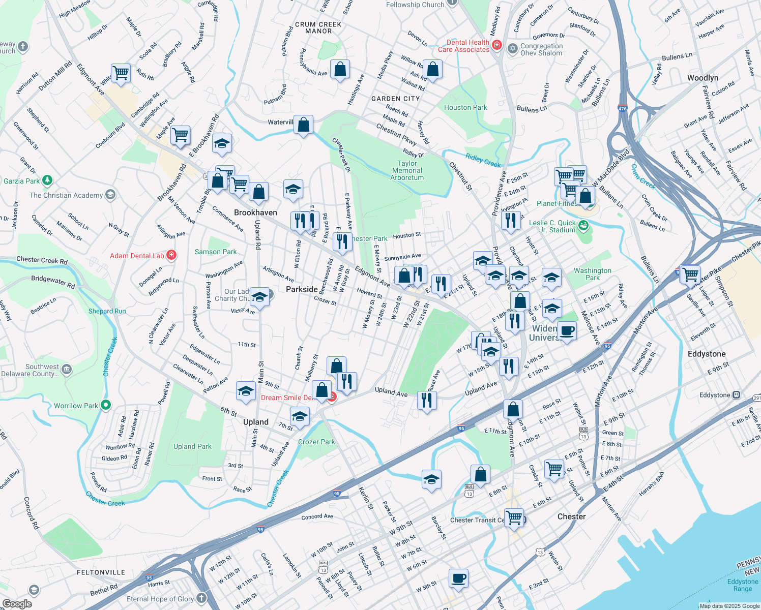 map of restaurants, bars, coffee shops, grocery stores, and more near 108 West 24th Street in Chester