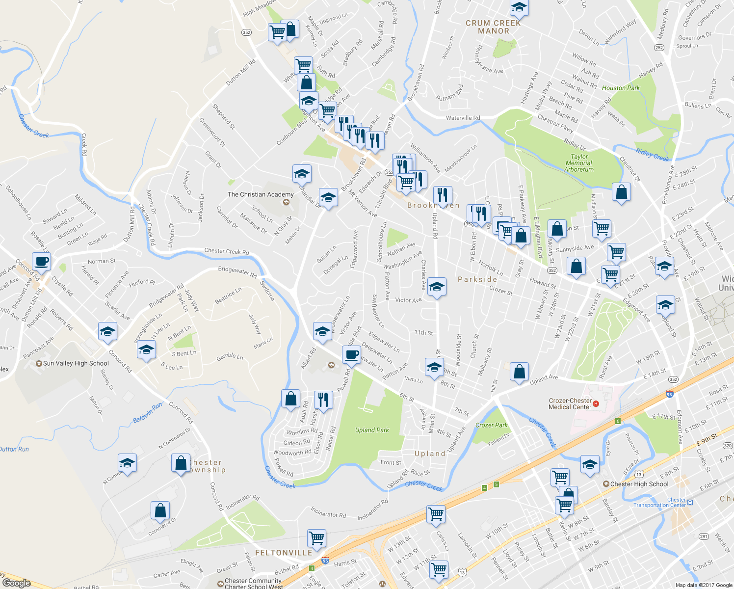 map of restaurants, bars, coffee shops, grocery stores, and more near 327 Trimble Boulevard in Brookhaven