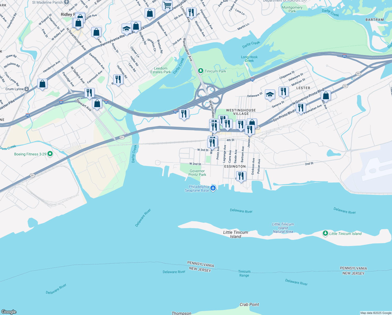 map of restaurants, bars, coffee shops, grocery stores, and more near 207 Corinthian Avenue in Essington