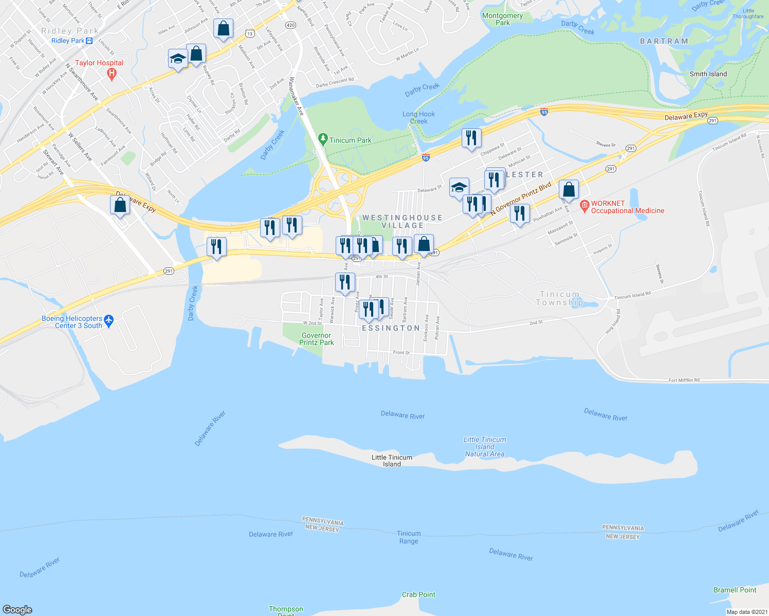 map of restaurants, bars, coffee shops, grocery stores, and more near 234 Carre Avenue in Essington