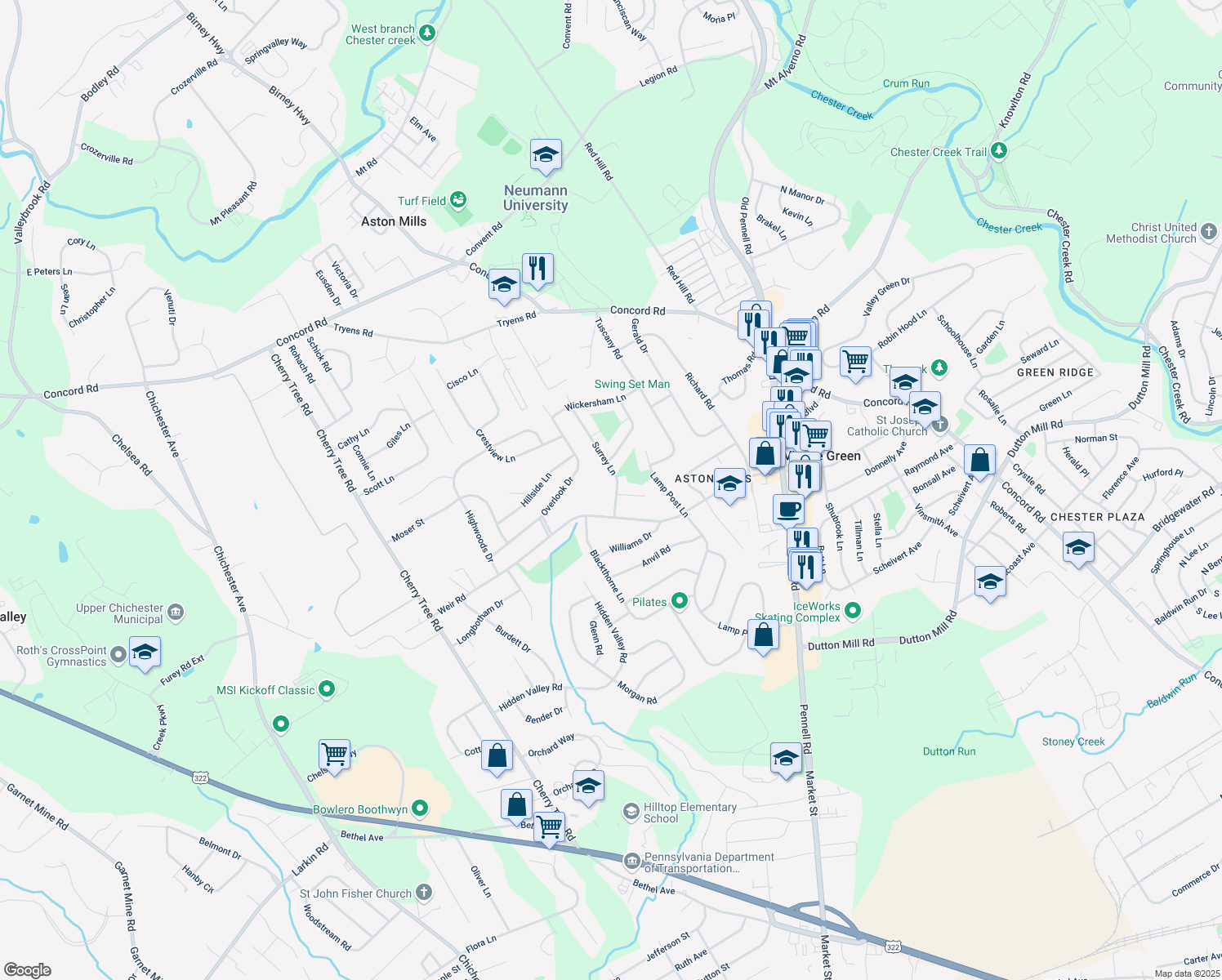 map of restaurants, bars, coffee shops, grocery stores, and more near 3144 Surrey Lane in Aston