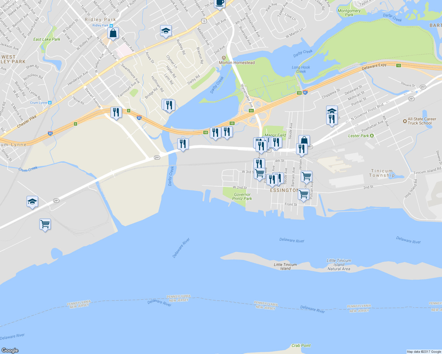map of restaurants, bars, coffee shops, grocery stores, and more near 523 Corinthian Avenue in Essington