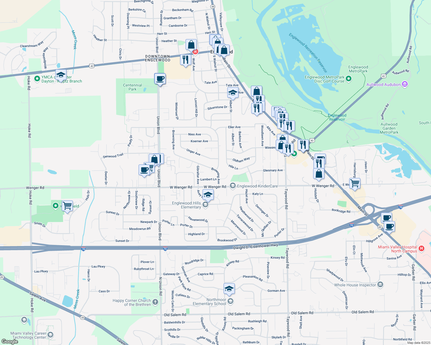 map of restaurants, bars, coffee shops, grocery stores, and more near 823 Browning Avenue in Englewood