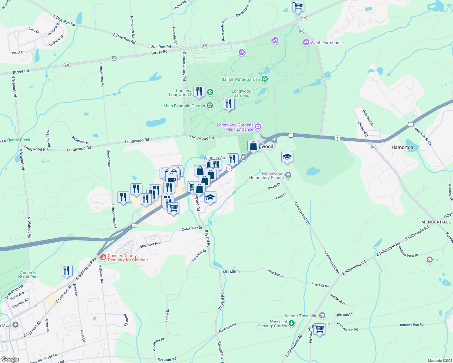 map of restaurants, bars, coffee shops, grocery stores, and more near 69 E Jonathan Ct in Kennett Square