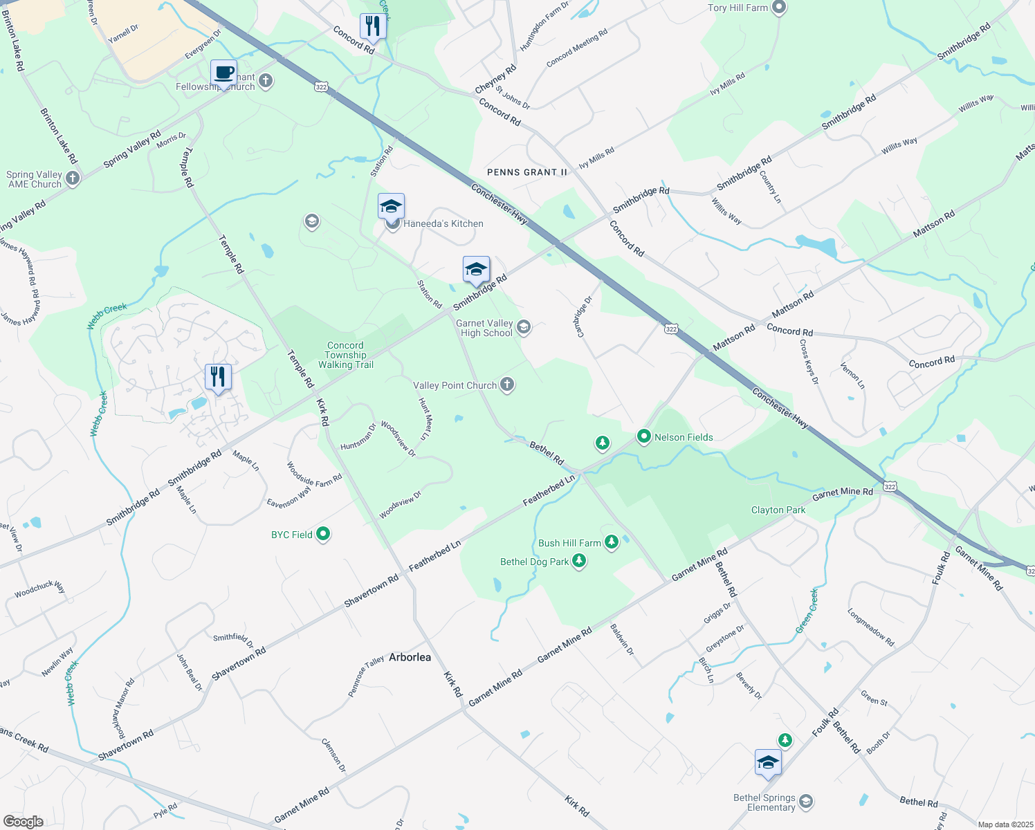 map of restaurants, bars, coffee shops, grocery stores, and more near 209 Bethel Road in Glen Mills