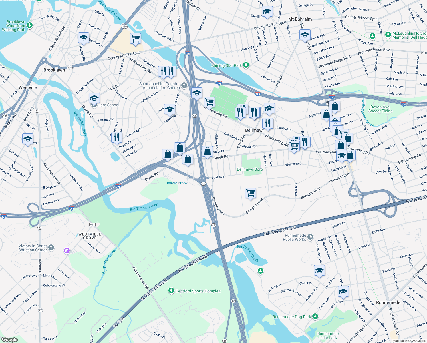 map of restaurants, bars, coffee shops, grocery stores, and more near 131 Edgewood Ave in Bellmawr