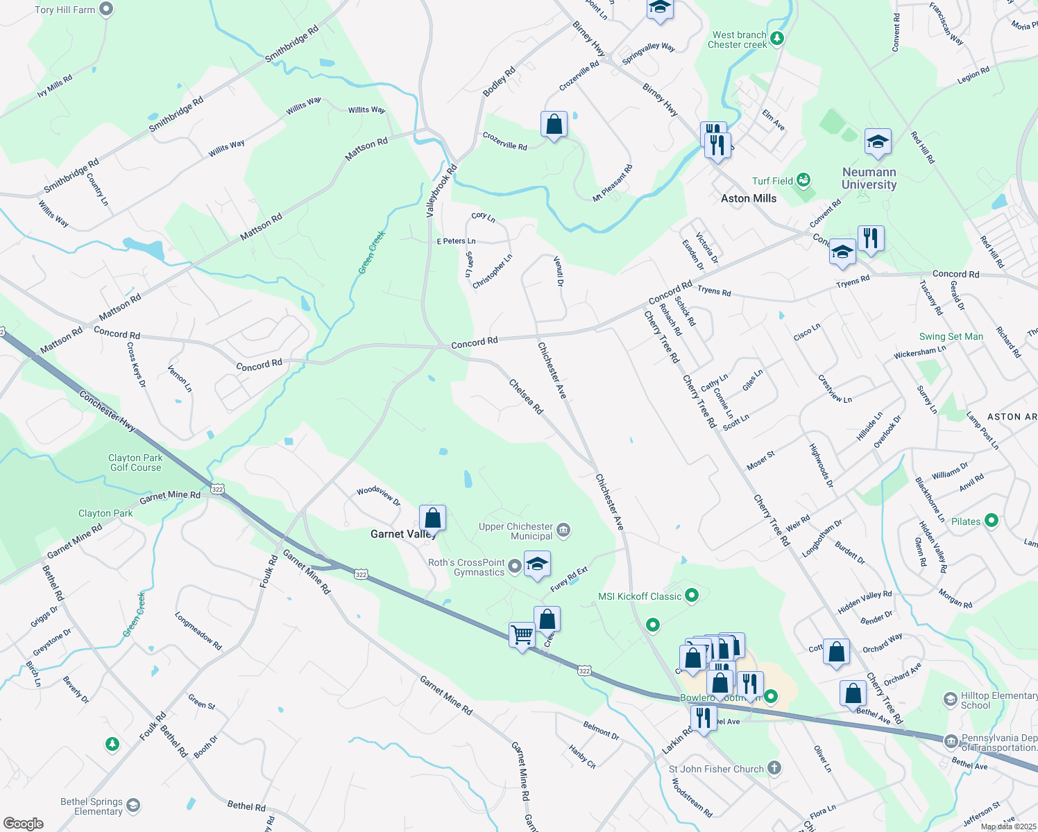 map of restaurants, bars, coffee shops, grocery stores, and more near 2010 Robert Burns Drive in Aston