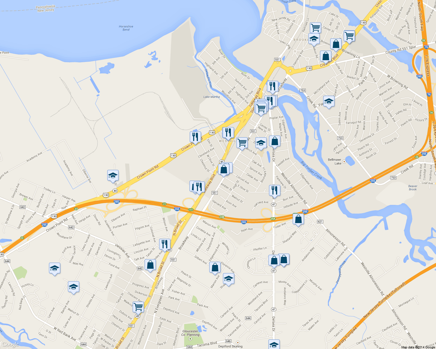 map of restaurants, bars, coffee shops, grocery stores, and more near 22 W Olive St in Westville