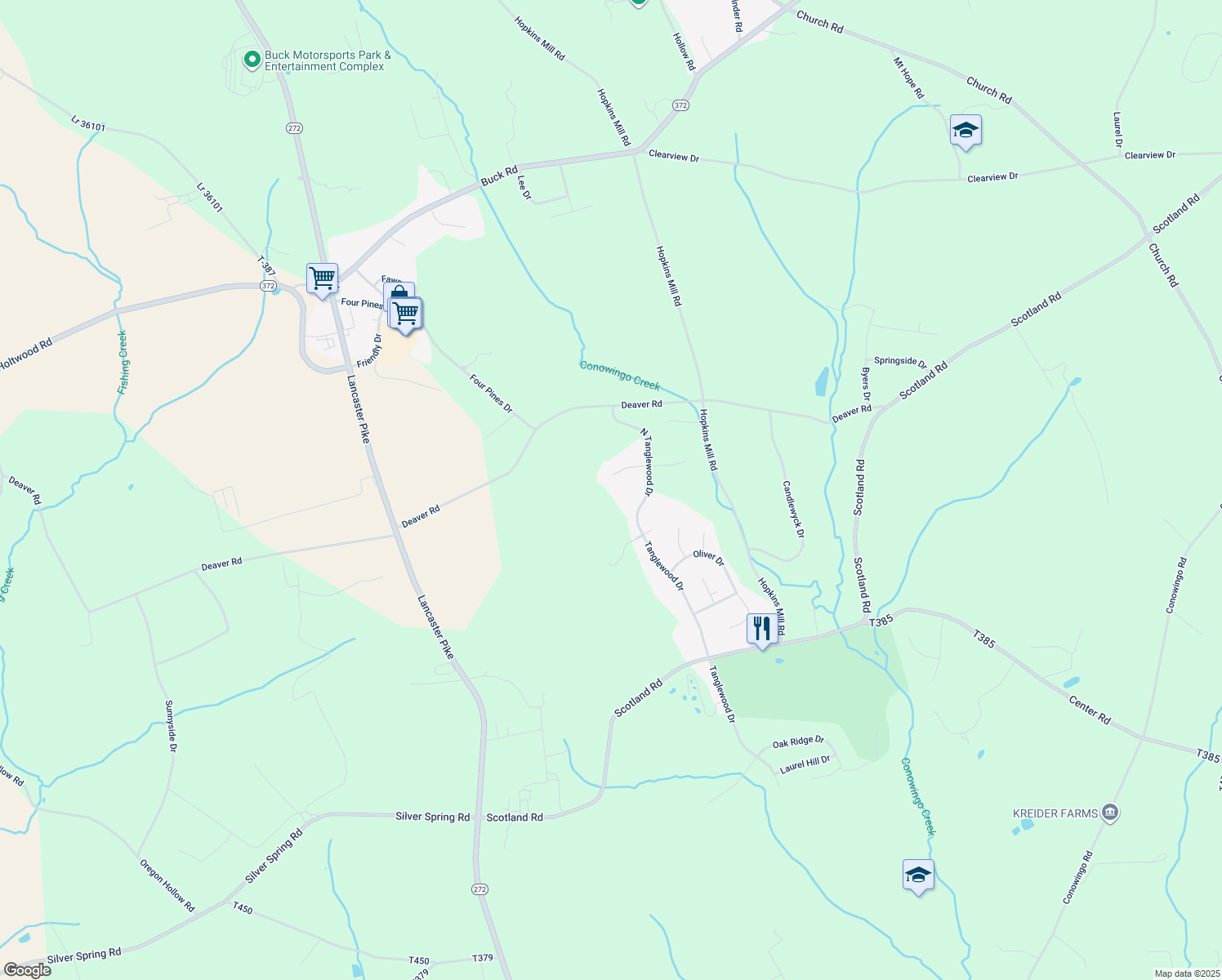 map of restaurants, bars, coffee shops, grocery stores, and more near 29 Natures Way in Quarryville