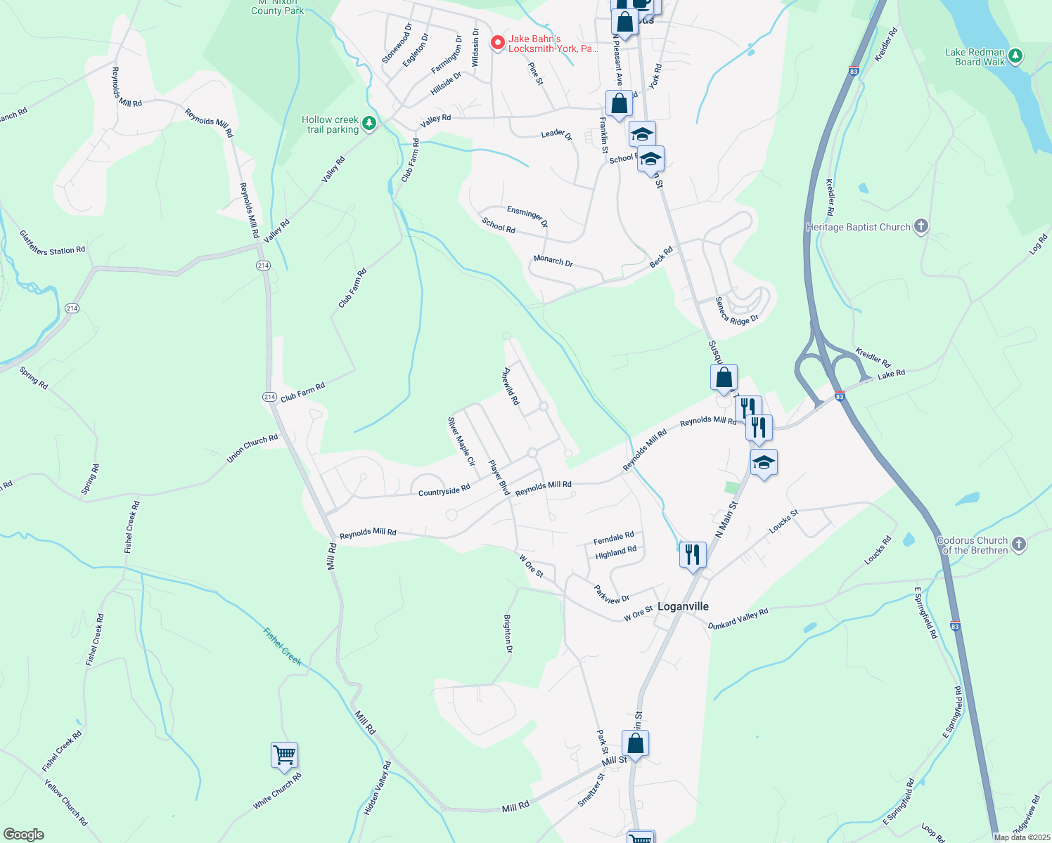 map of restaurants, bars, coffee shops, grocery stores, and more near 7656 Pinewild Road in Seven Valleys