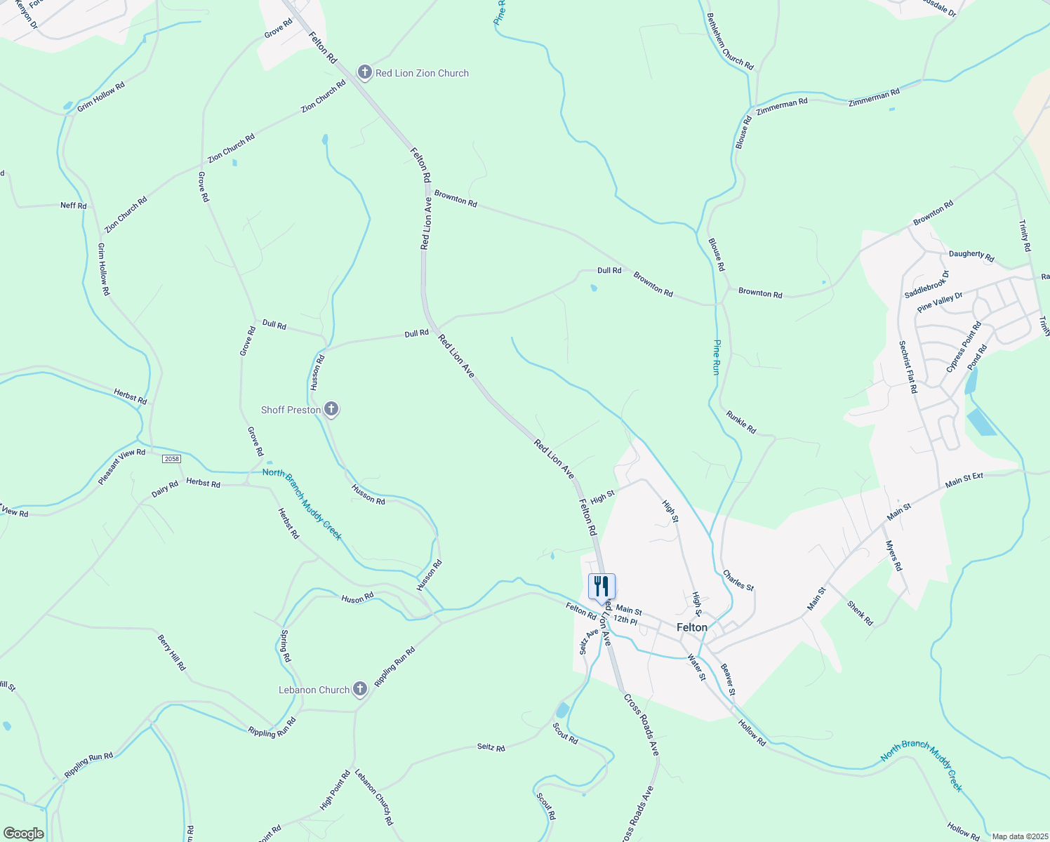 map of restaurants, bars, coffee shops, grocery stores, and more near 1515 Felton Road in Felton