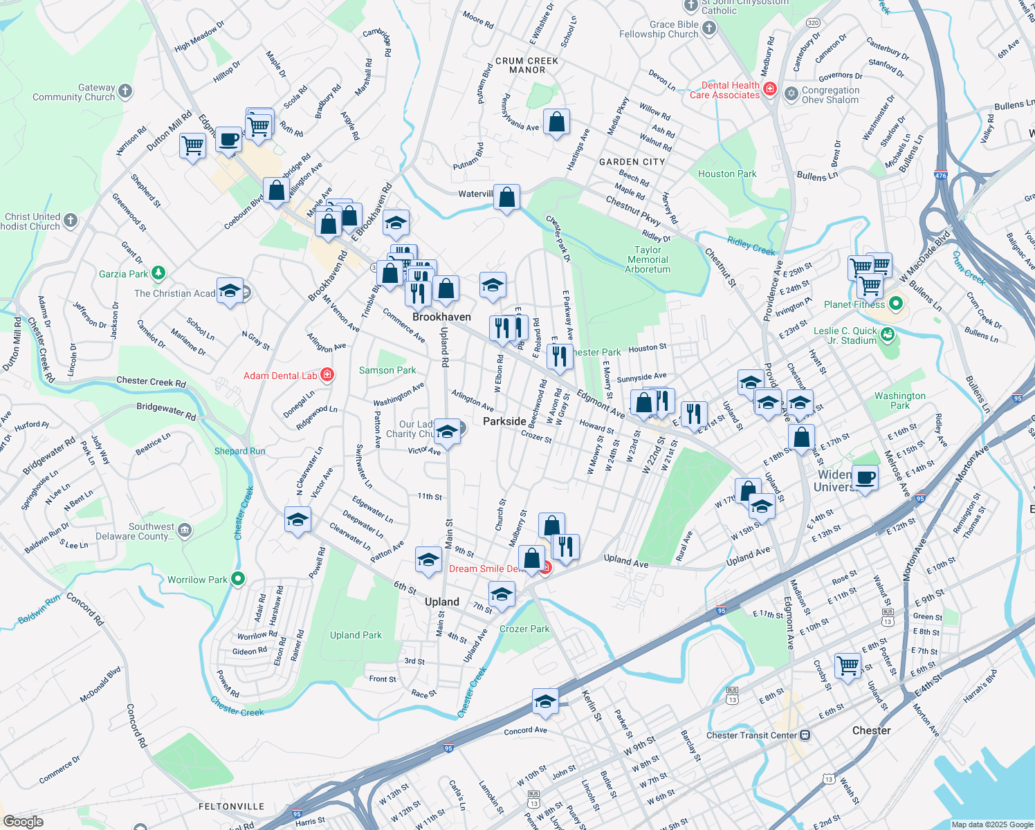 map of restaurants, bars, coffee shops, grocery stores, and more near 139 W Roland Rd in Brookhaven