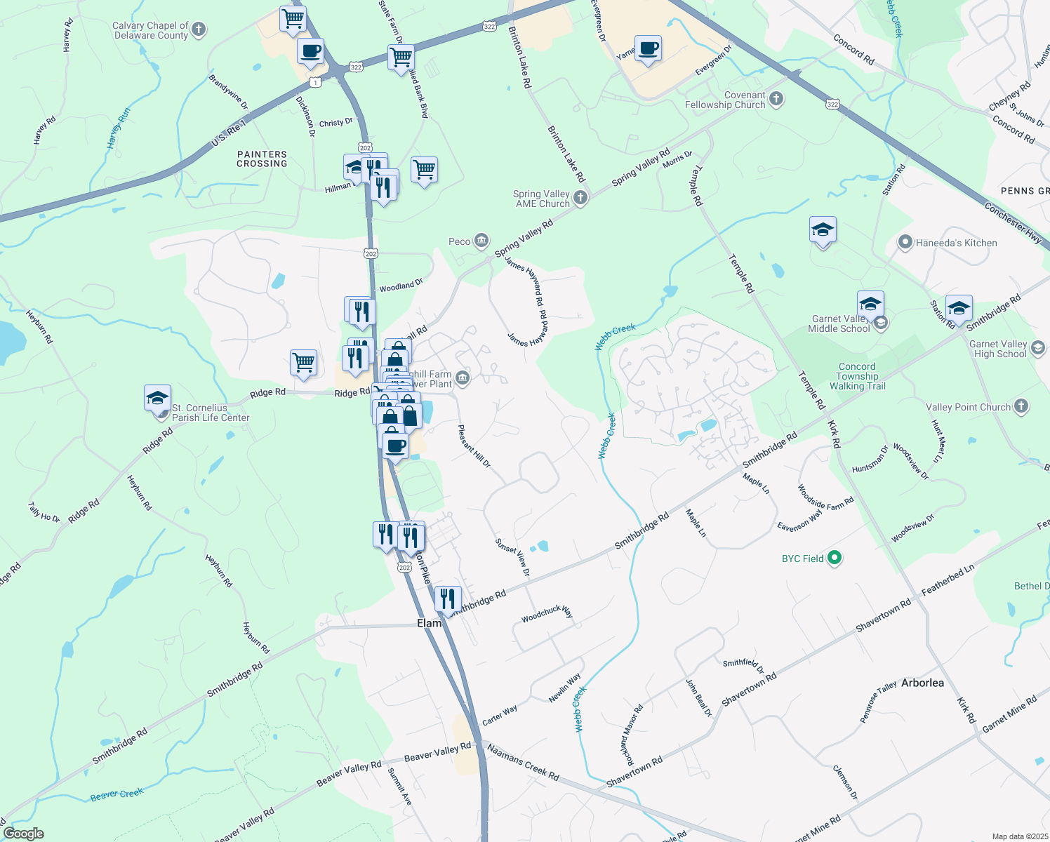 map of restaurants, bars, coffee shops, grocery stores, and more near 10 Concord Creek Road in Glen Mills