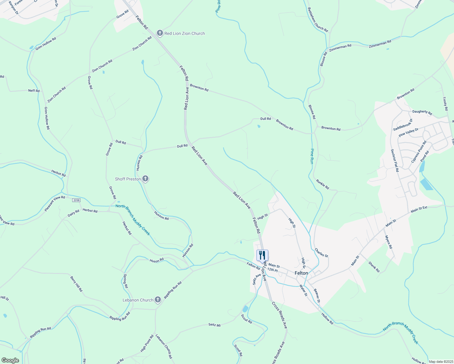 map of restaurants, bars, coffee shops, grocery stores, and more near 1505 Felton Road in Felton