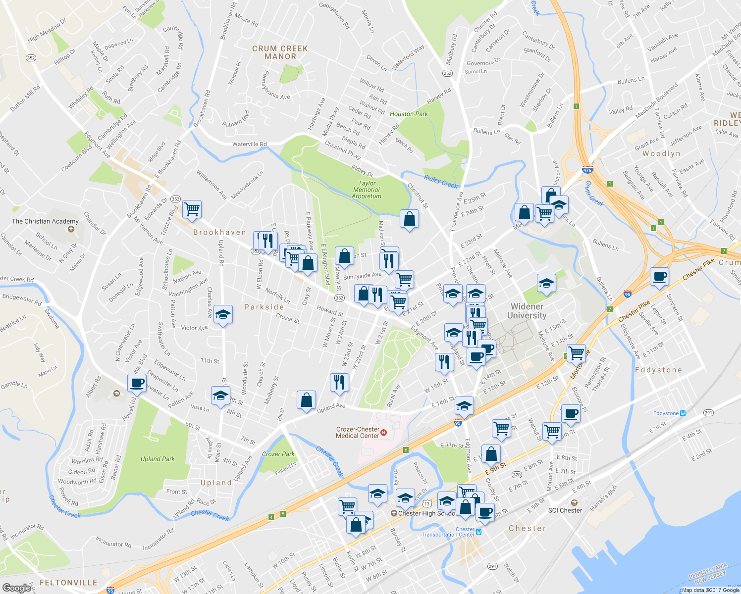 map of restaurants, bars, coffee shops, grocery stores, and more near 36 East 23rd Street in Chester