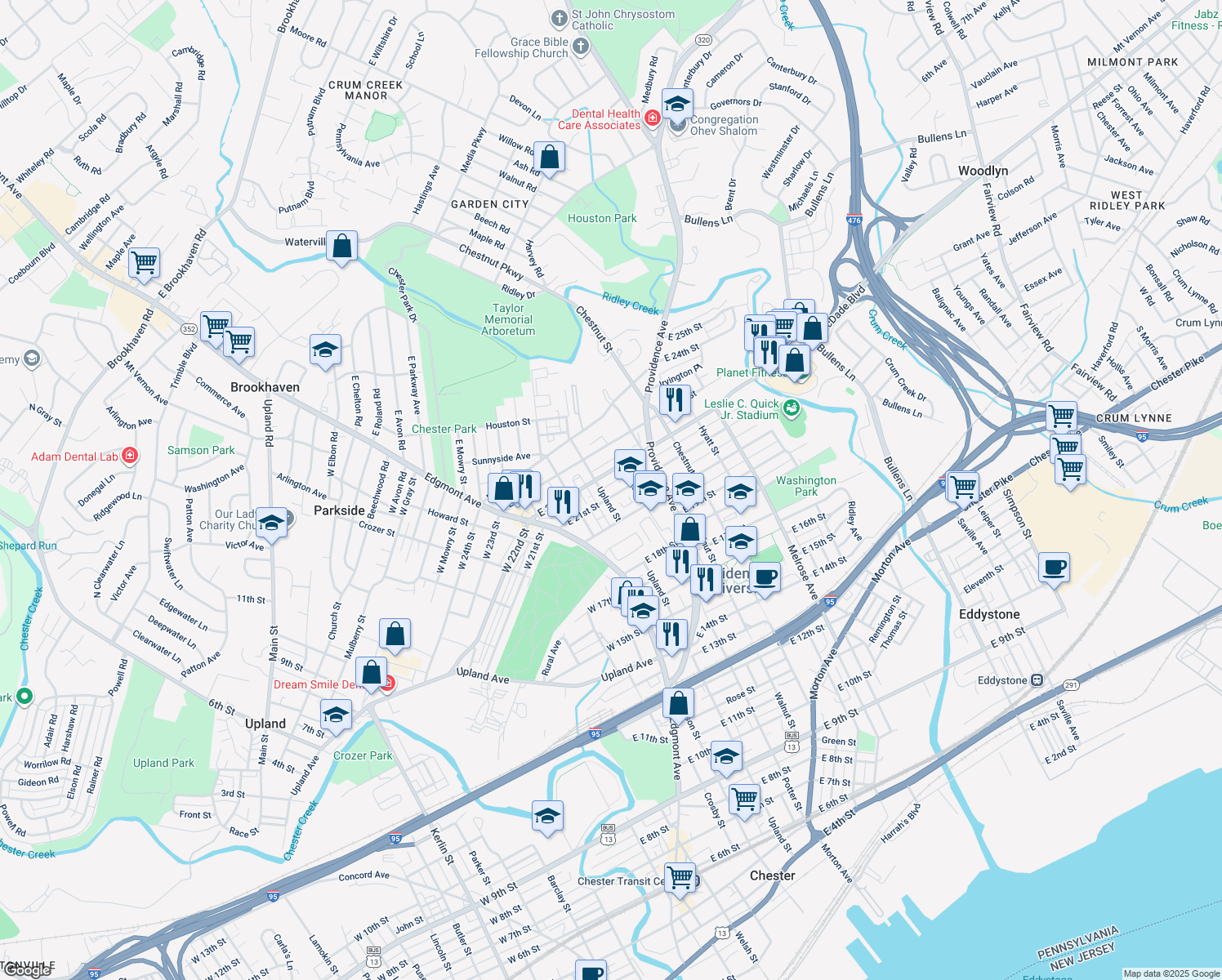 map of restaurants, bars, coffee shops, grocery stores, and more near 208 East 21st Street in Chester