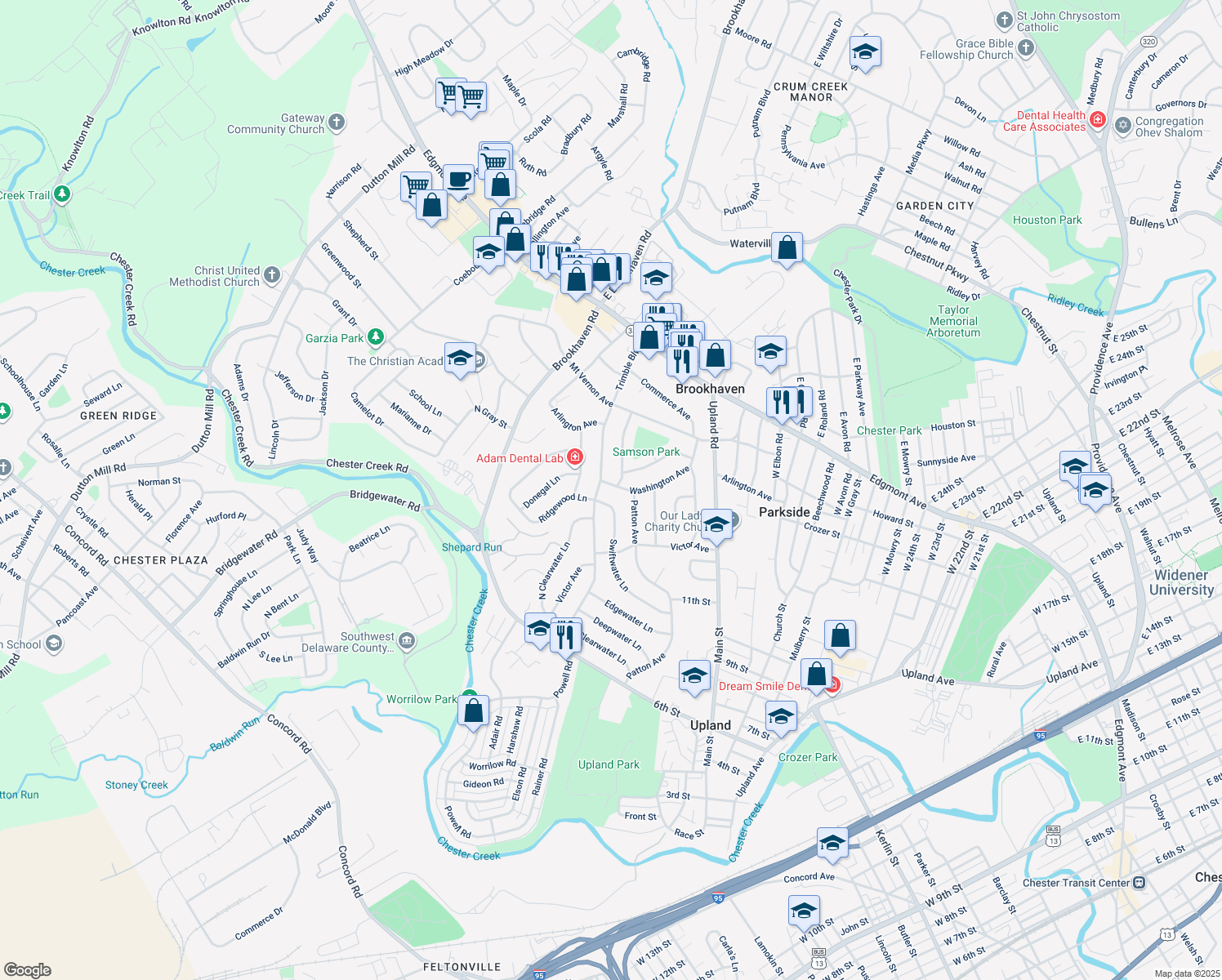 map of restaurants, bars, coffee shops, grocery stores, and more near 3512 Washington Avenue in Brookhaven