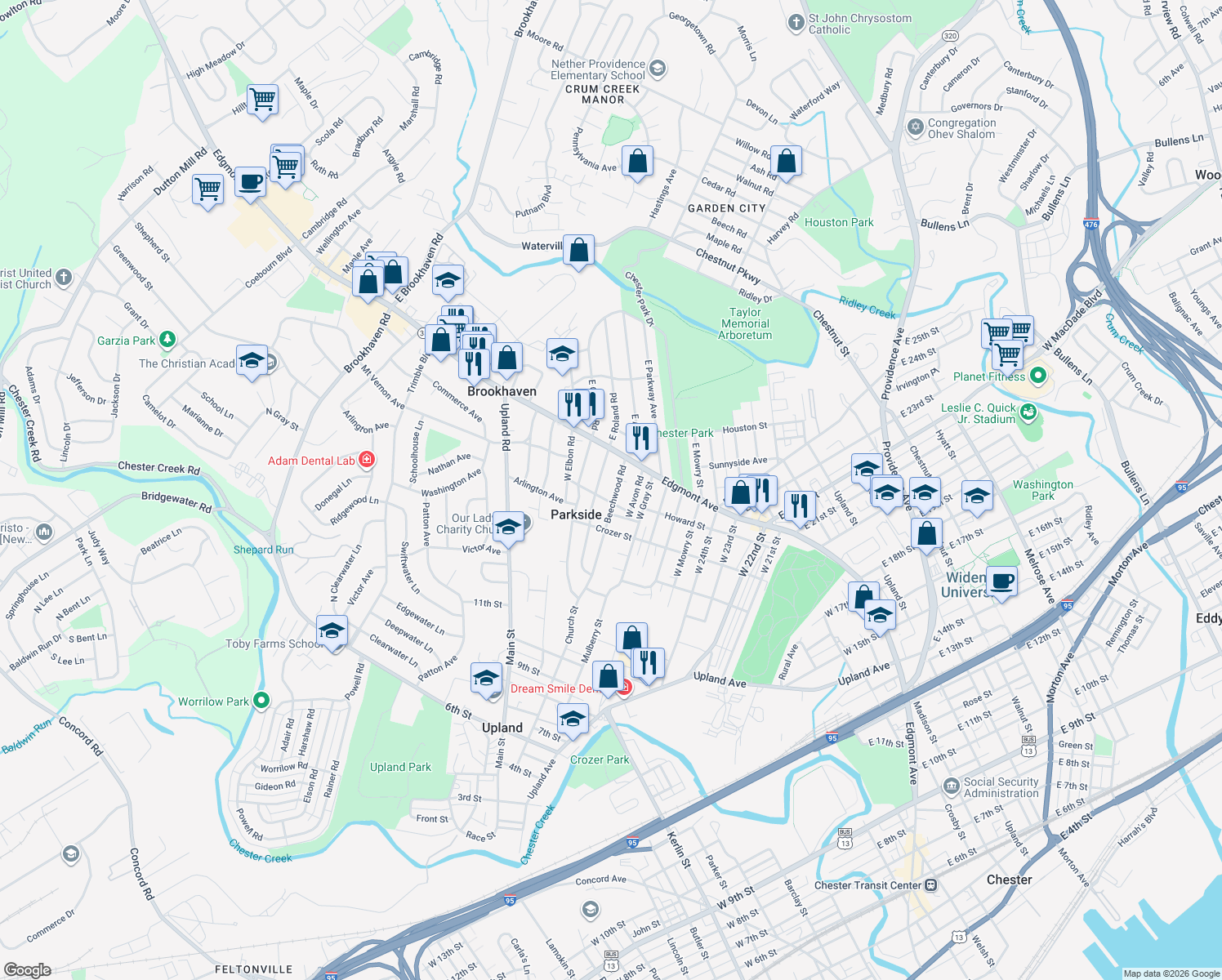 map of restaurants, bars, coffee shops, grocery stores, and more near 20 Beechwood Road in Brookhaven