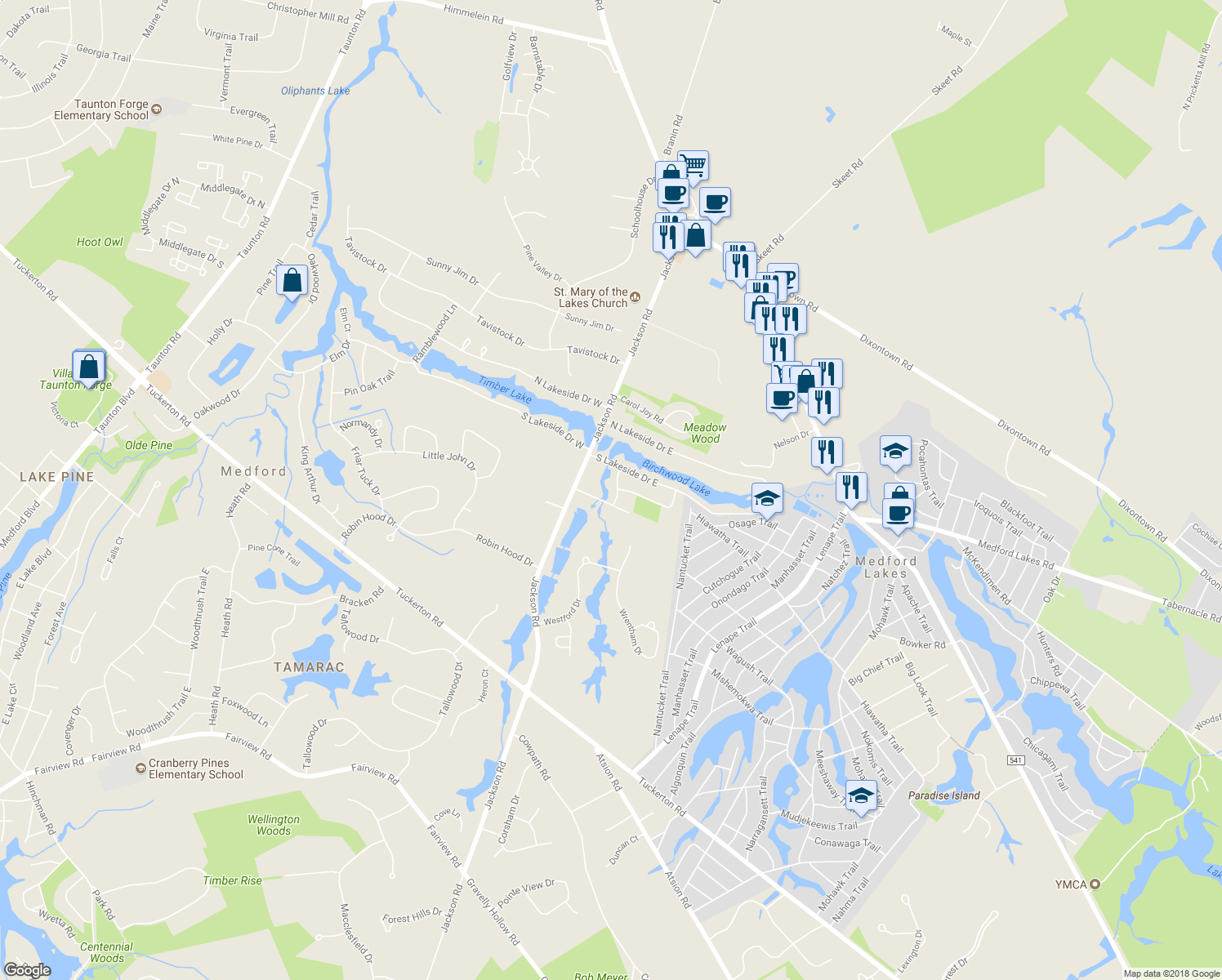 map of restaurants, bars, coffee shops, grocery stores, and more near 8 Brookside Drive in Medford