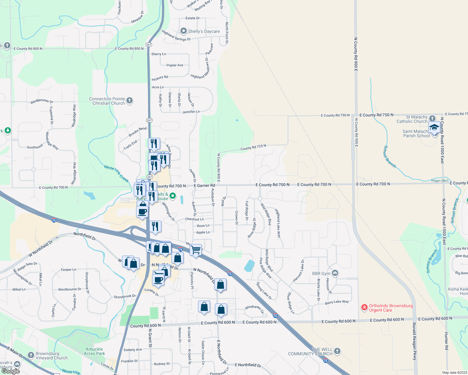 map of restaurants, bars, coffee shops, grocery stores, and more near 8135 East County Road 700 North in Brownsburg