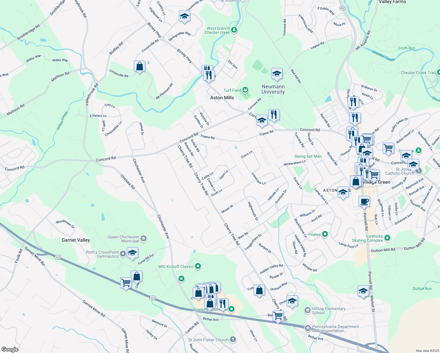 map of restaurants, bars, coffee shops, grocery stores, and more near 32 Giles Lane in Aston