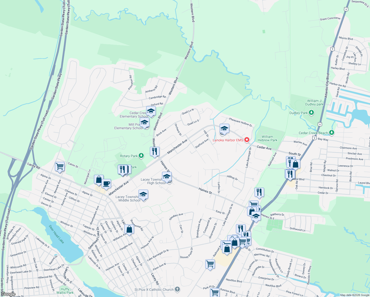 map of restaurants, bars, coffee shops, grocery stores, and more near 137 Heatherington Court in Lacey Township
