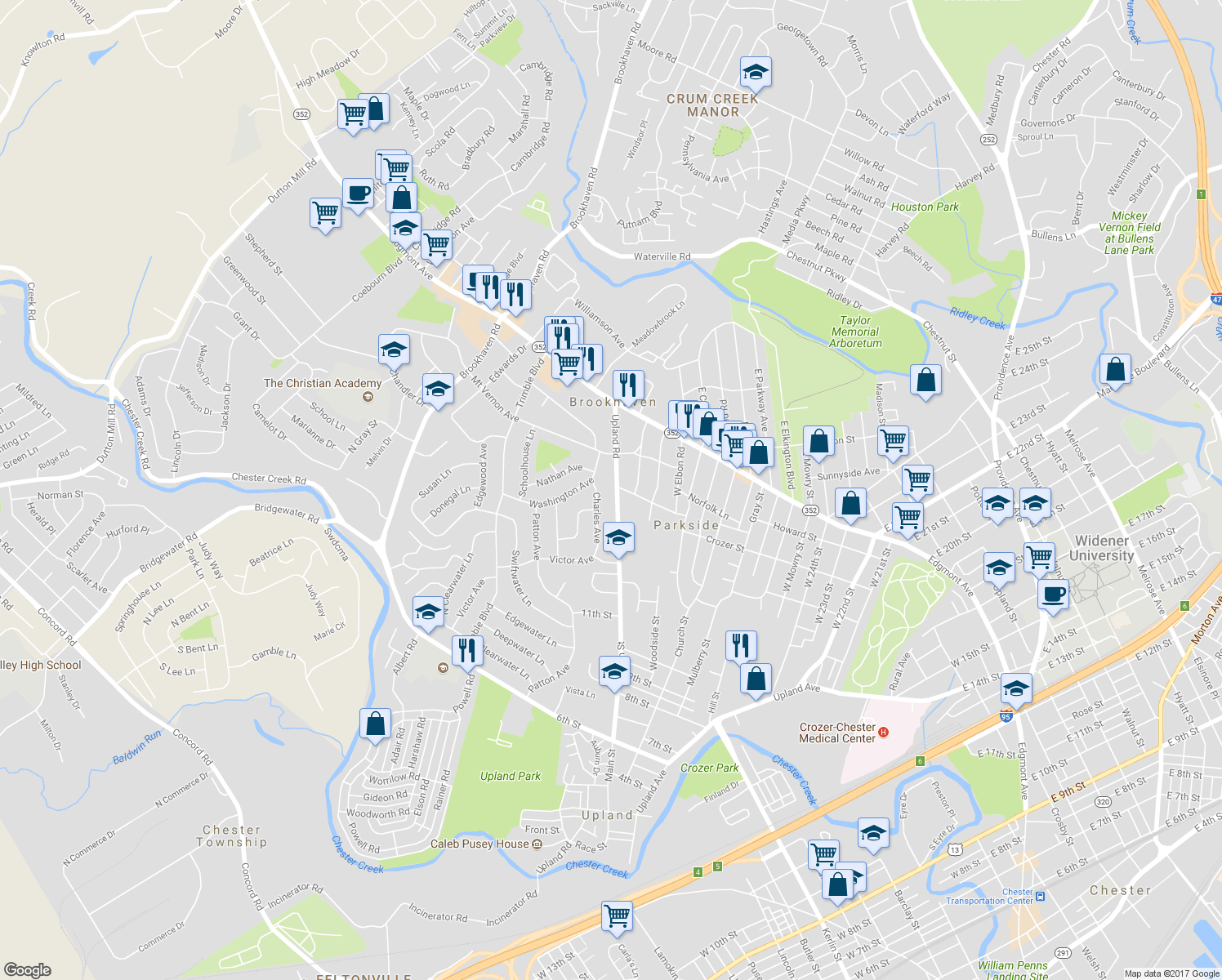 map of restaurants, bars, coffee shops, grocery stores, and more near 128 Upland Road in Brookhaven