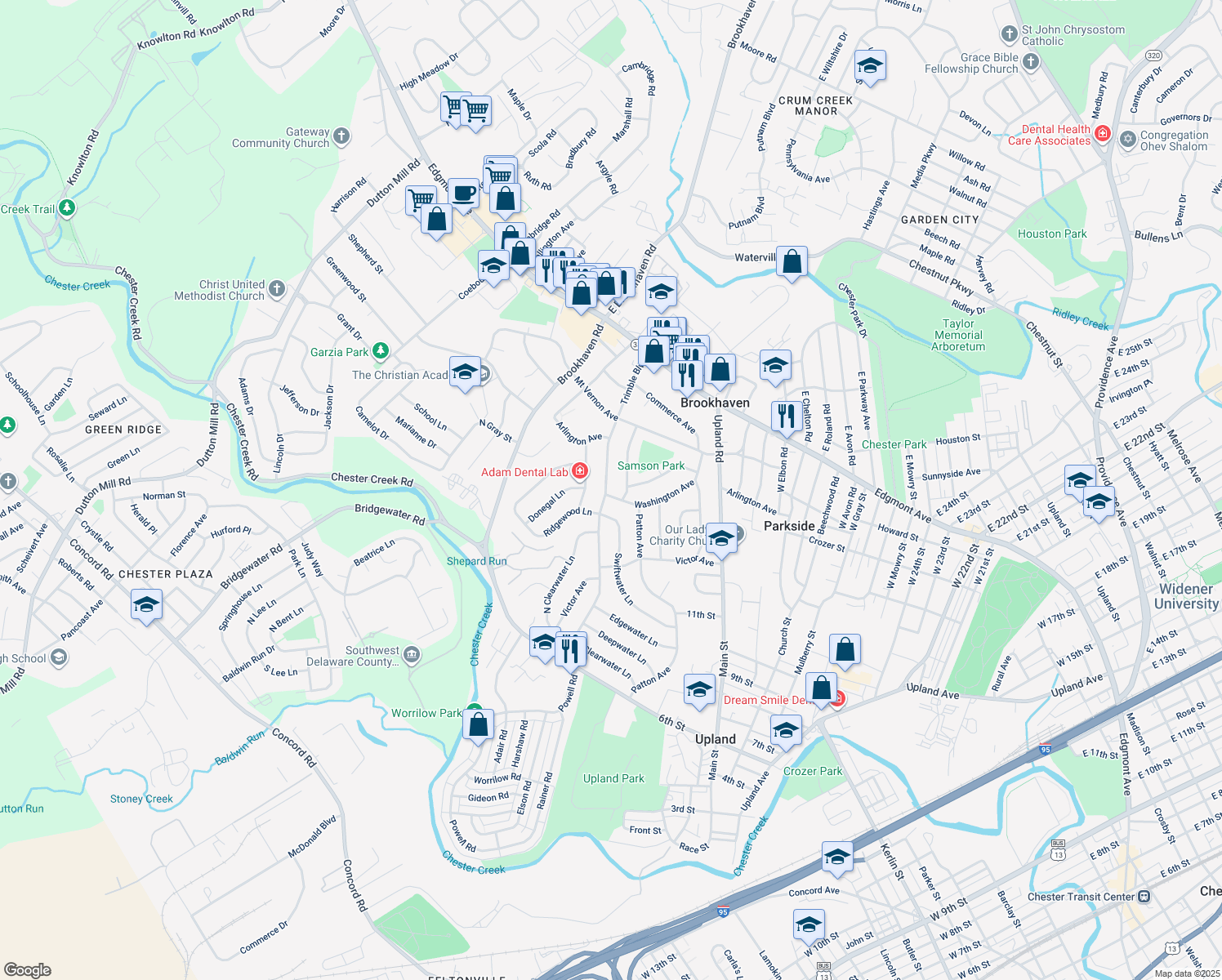 map of restaurants, bars, coffee shops, grocery stores, and more near 165 Trimble Boulevard in Brookhaven