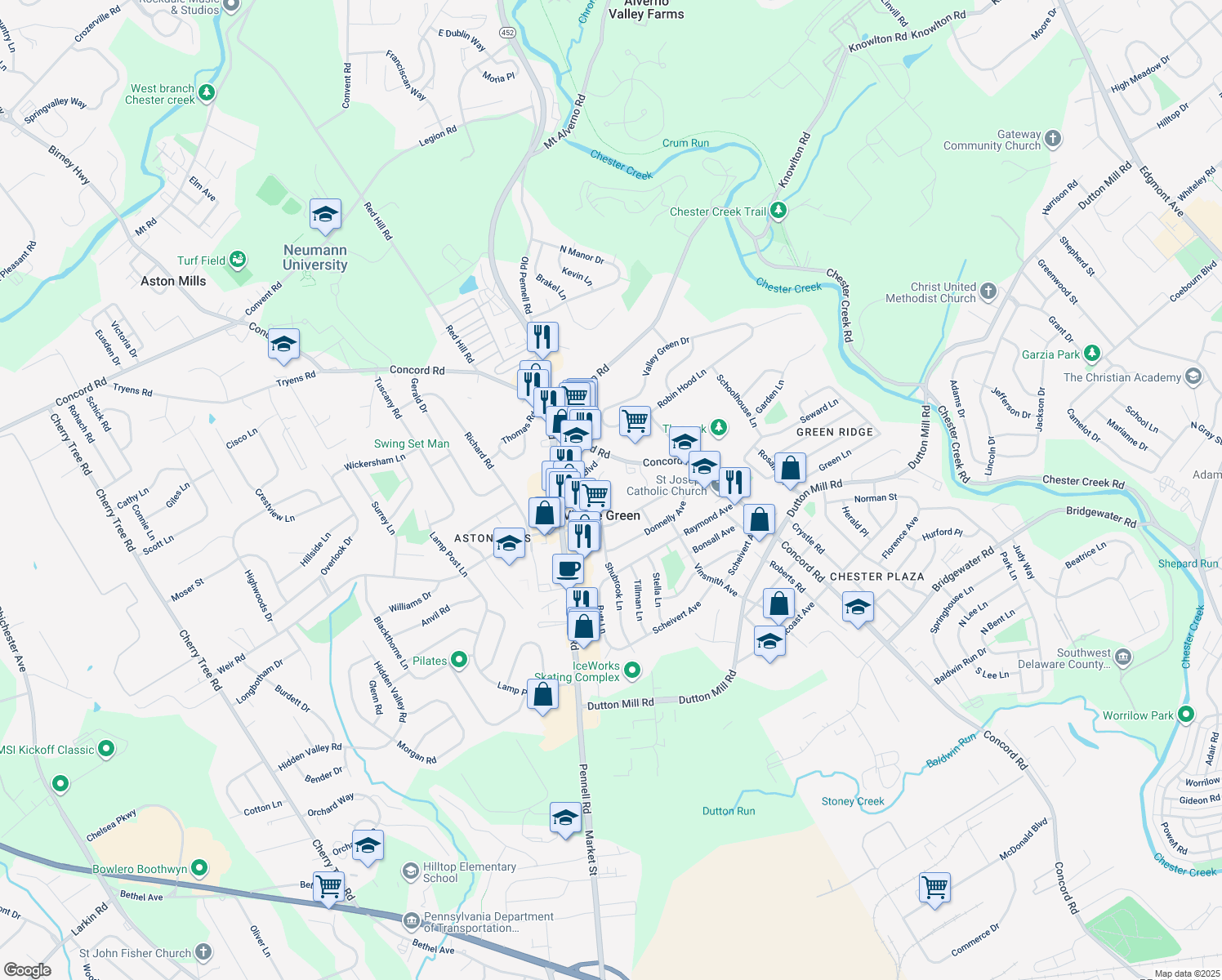 map of restaurants, bars, coffee shops, grocery stores, and more near 414 Shubrook Lane in Aston