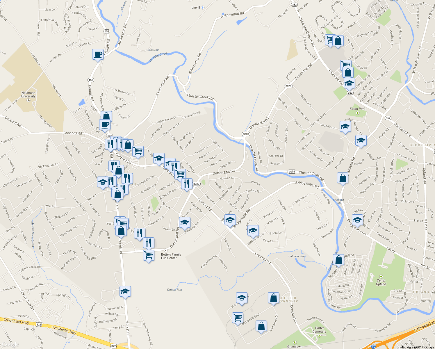 map of restaurants, bars, coffee shops, grocery stores, and more near 1905 Dutton Mill Road in Aston