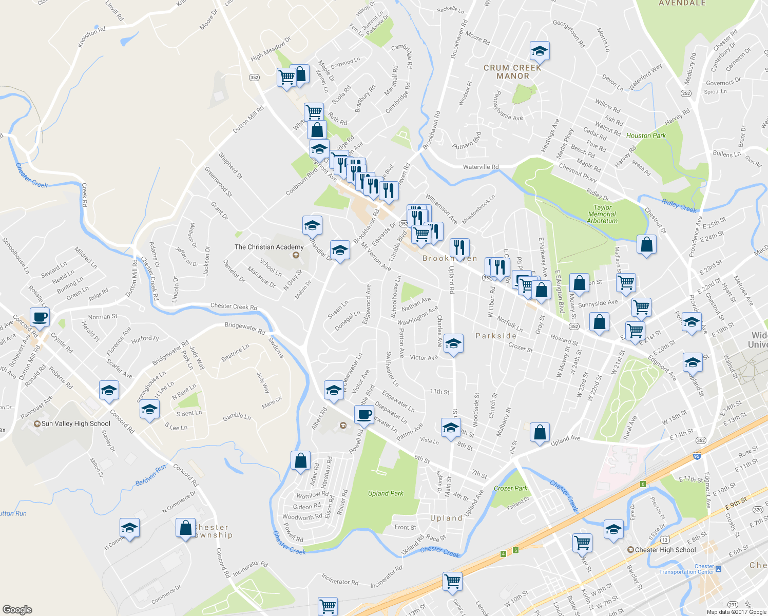 map of restaurants, bars, coffee shops, grocery stores, and more near 157 Trimble Boulevard in Brookhaven