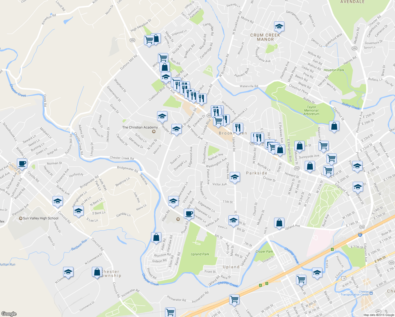 map of restaurants, bars, coffee shops, grocery stores, and more near 150 Trimble Blvd in Brookhaven