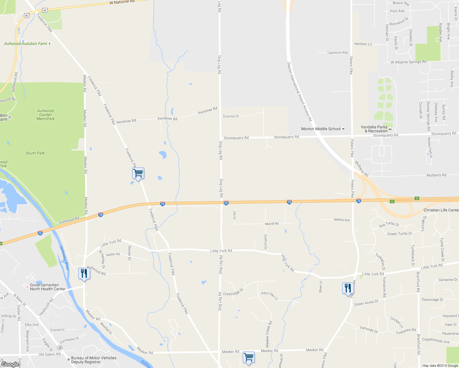 map of restaurants, bars, coffee shops, grocery stores, and more near 8110 Dog Leg Road in Dayton