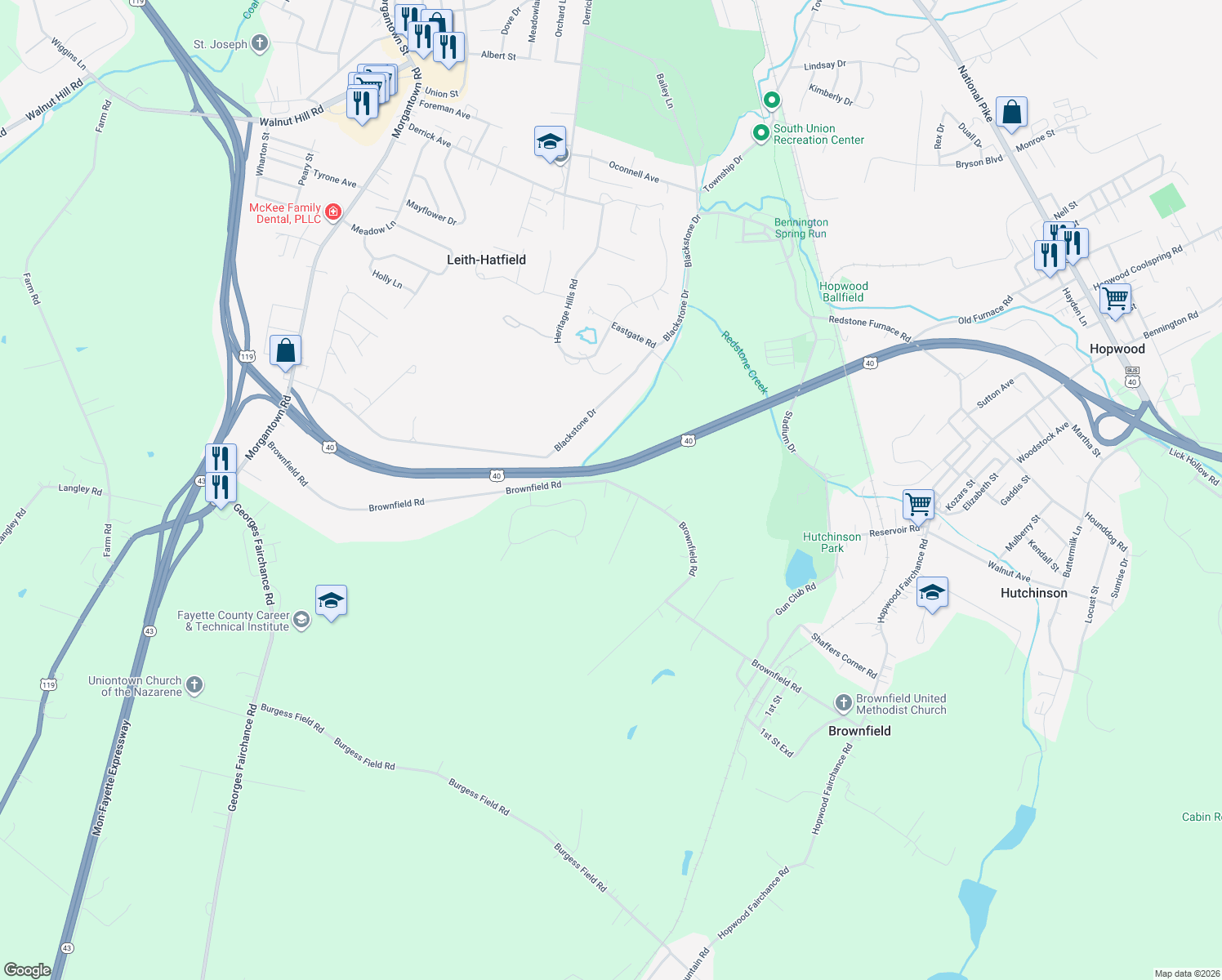 map of restaurants, bars, coffee shops, grocery stores, and more near 1182 Brownfield Rd in Uniontown