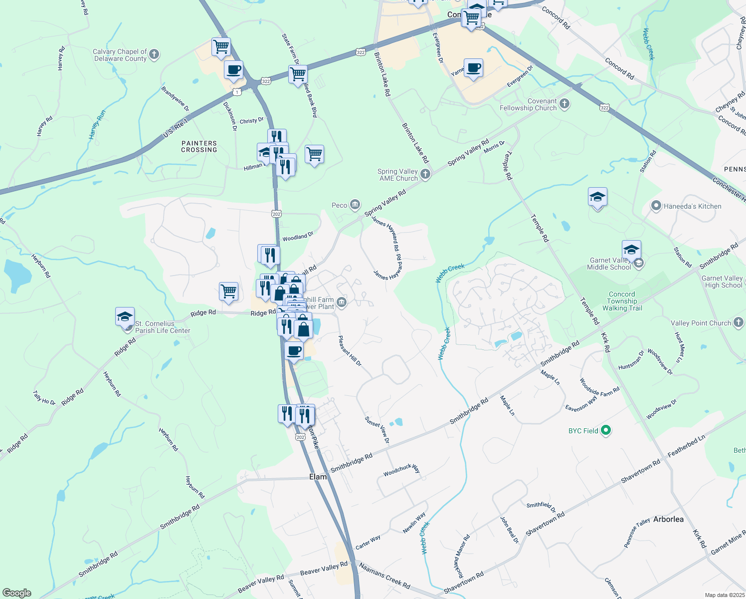 map of restaurants, bars, coffee shops, grocery stores, and more near 4103 Fox Pointe Court in Glen Mills