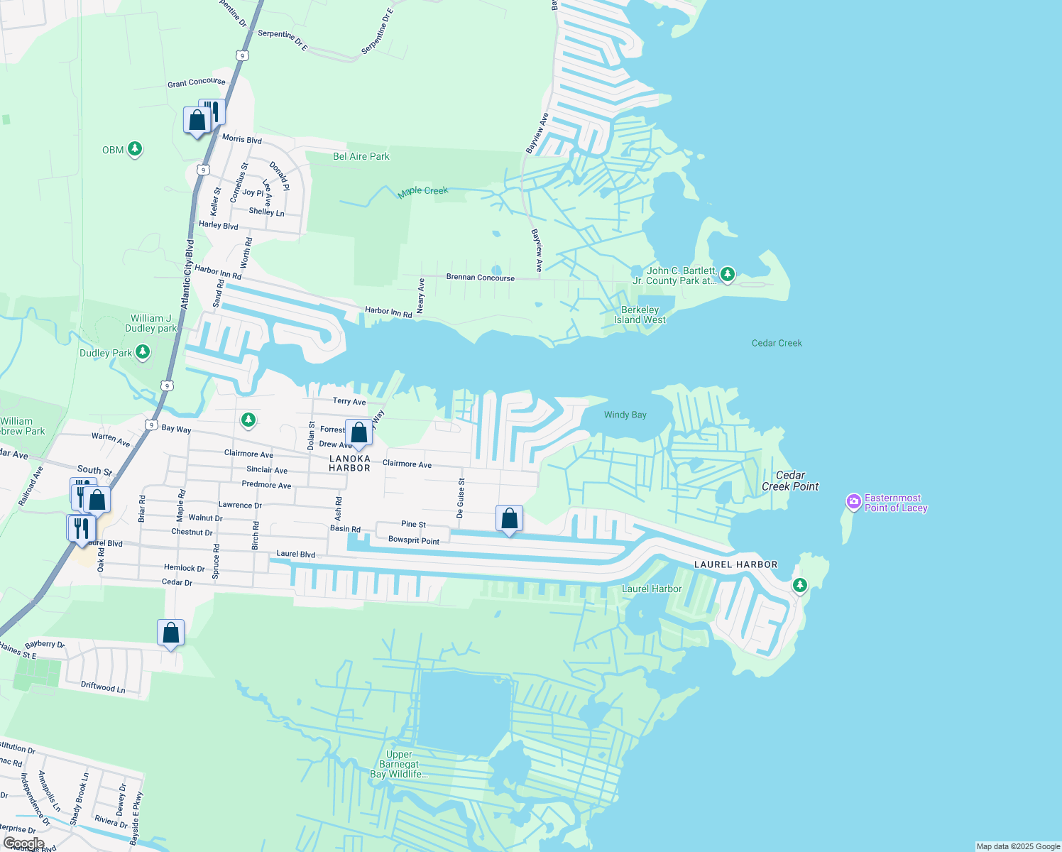 map of restaurants, bars, coffee shops, grocery stores, and more near 958 Mallard Drive in Lacey Township