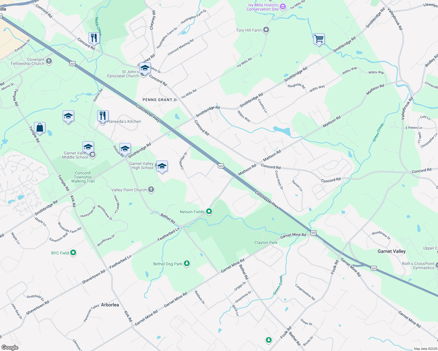 map of restaurants, bars, coffee shops, grocery stores, and more near 421 Featherbed Lane in Glen Mills