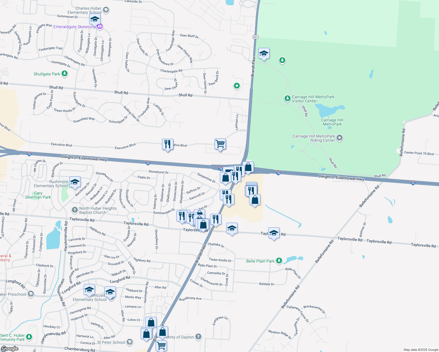 map of restaurants, bars, coffee shops, grocery stores, and more near 7860 Selwood Circle in Dayton