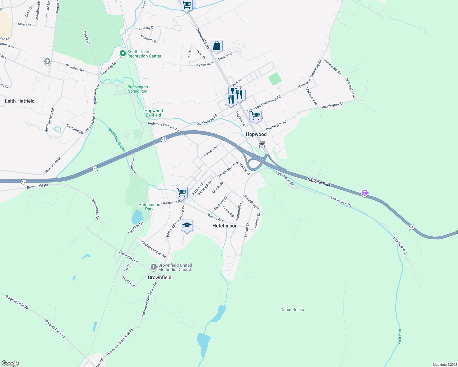 map of restaurants, bars, coffee shops, grocery stores, and more near 134 Redstone Furnace Road in Hopwood