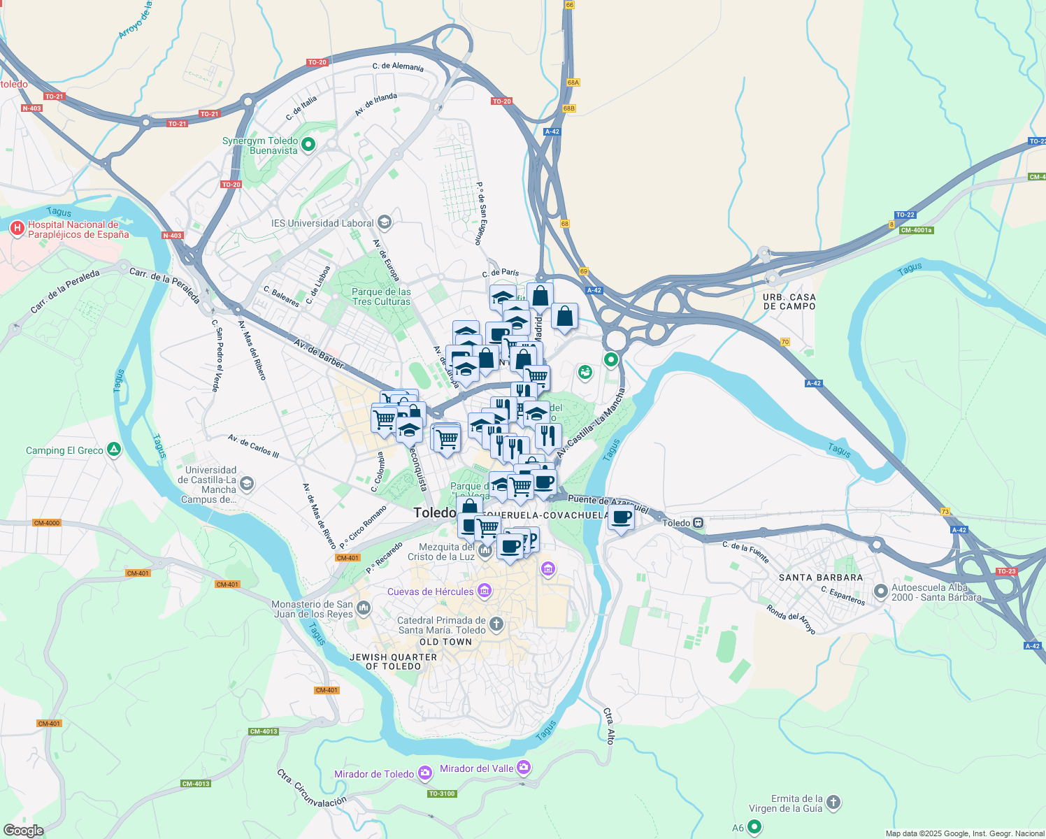 map of restaurants, bars, coffee shops, grocery stores, and more near 14 Calle Marqués de Mendigorría in Toledo