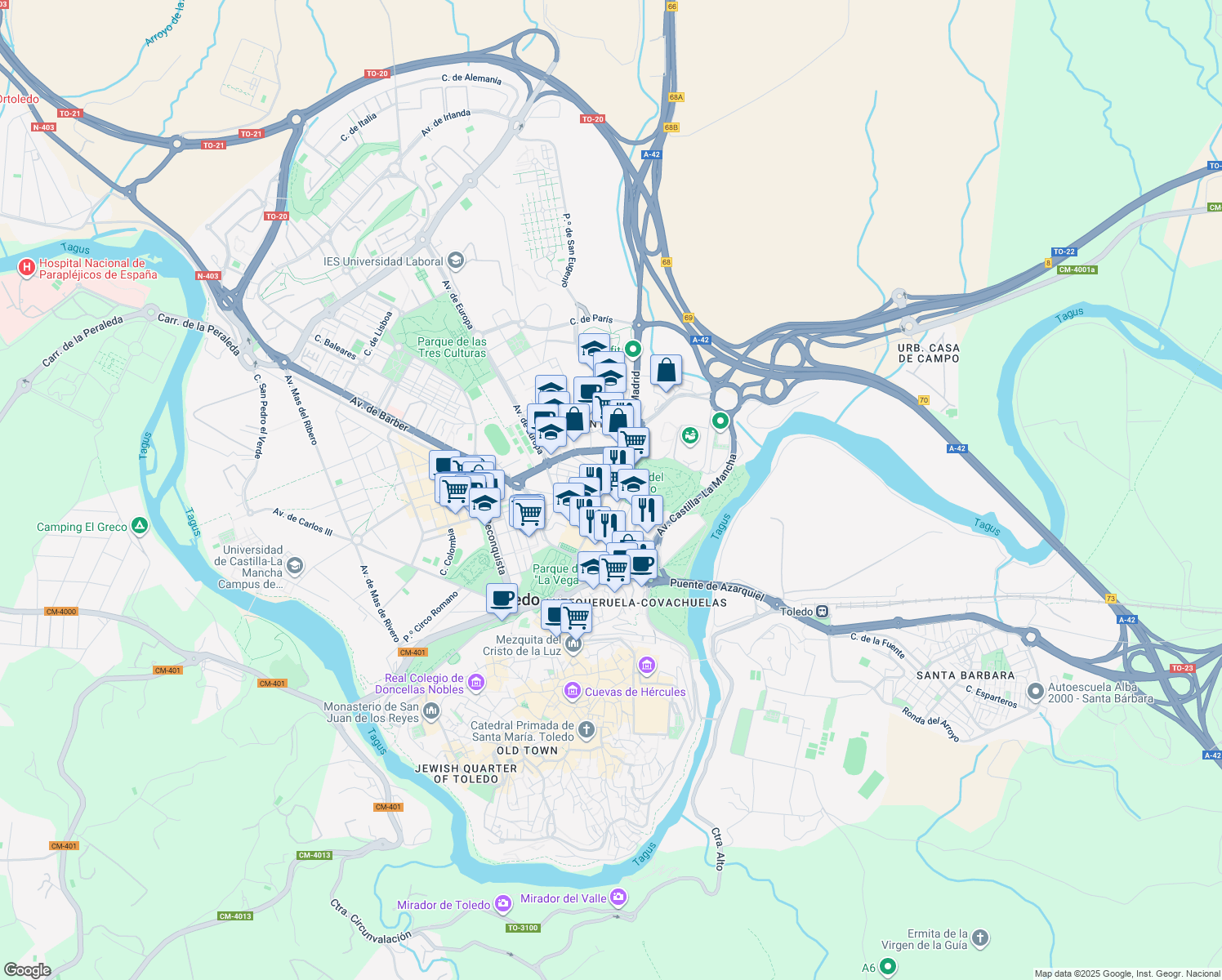 map of restaurants, bars, coffee shops, grocery stores, and more near 14 Calle Marqués de Mendigorría in Toledo