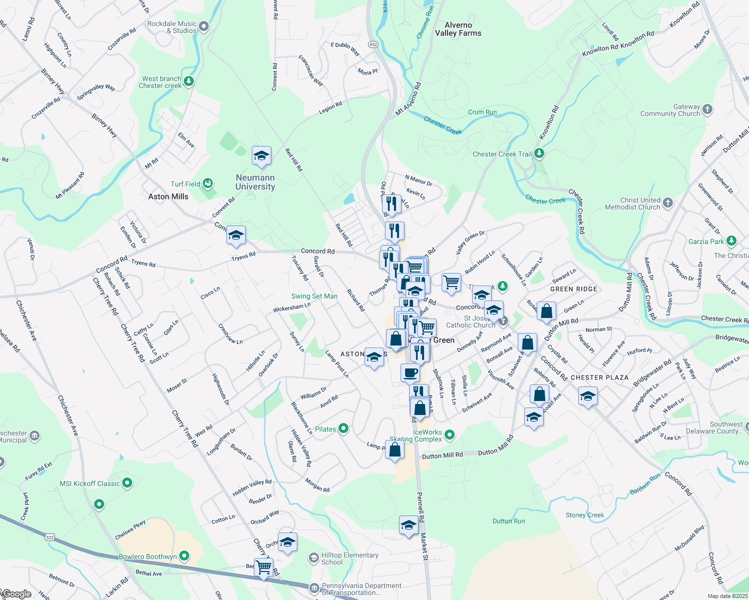 map of restaurants, bars, coffee shops, grocery stores, and more near 24 Aston Court in Aston