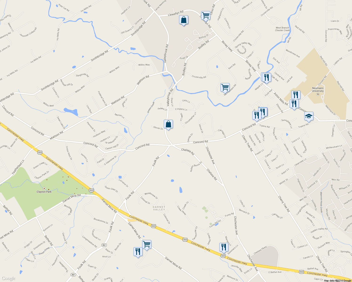 map of restaurants, bars, coffee shops, grocery stores, and more near 5140 Concord Road in Aston