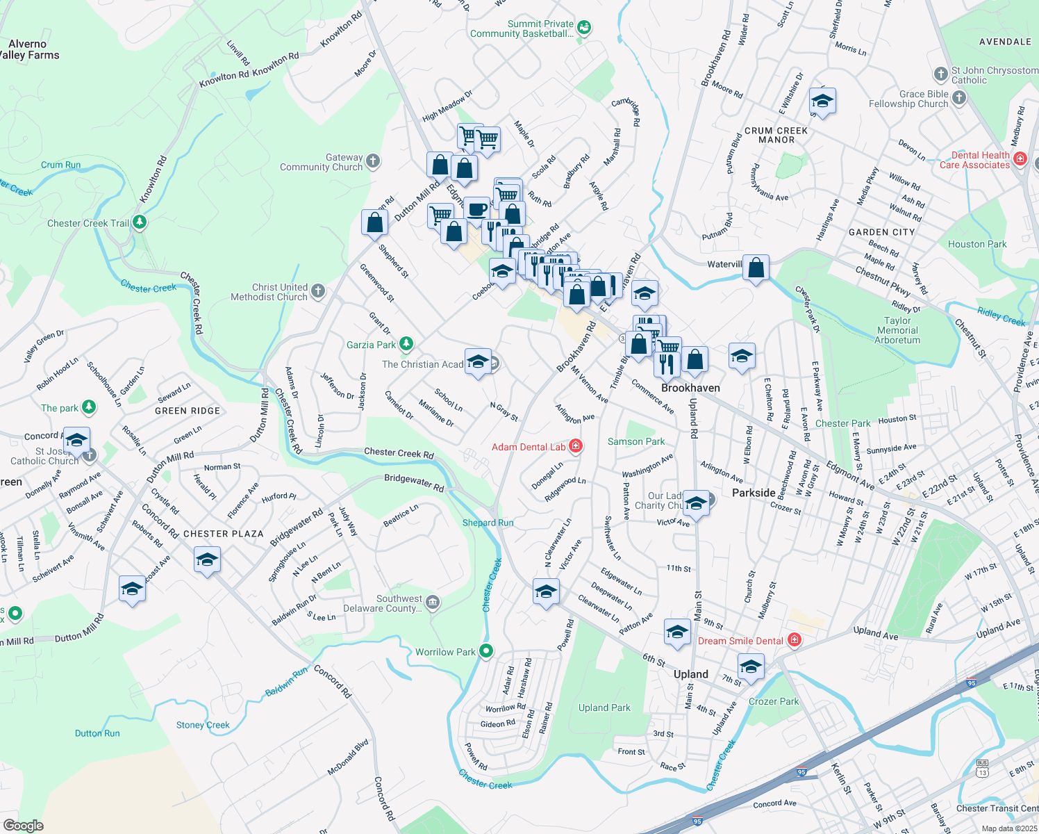 map of restaurants, bars, coffee shops, grocery stores, and more near 342 West Brookhaven Road in Brookhaven