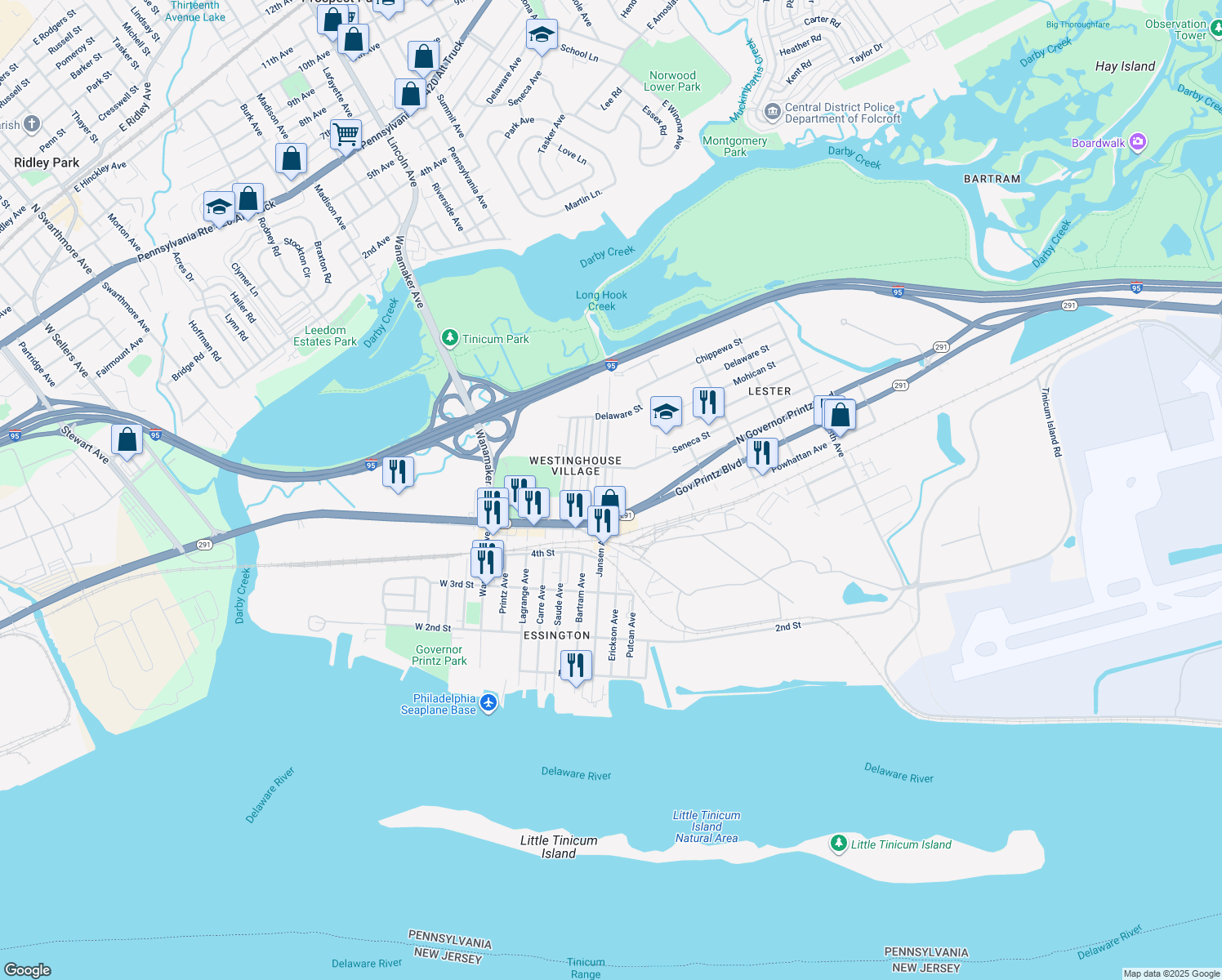 map of restaurants, bars, coffee shops, grocery stores, and more near 546 Jansen Avenue in Essington